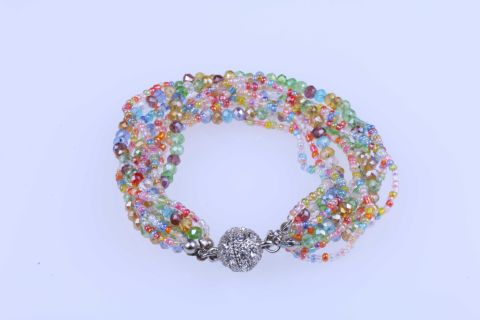Armband Glas, bunt, 9fach gedreht, Magnet silberfarben, 19,5cm