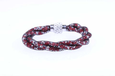 Armband Schlauch befüllt m.Glaskristallen, rot silber, 3fach gedreht, Magnet silberfarben, 19,5cm