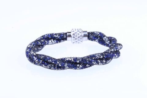Armband Schlauch befüllt m.Glaskristallen, blau dunkel silber, 3fach gedreht, Magnet silberfarben, 19,5cm