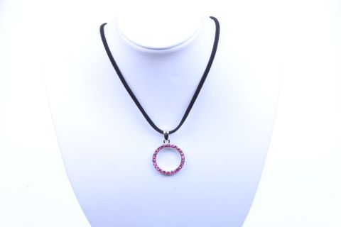 Kette Stoff mit Straß-Ring, pink, Ring, 25mm, Metall silberfarben, 40cm m. Verl.