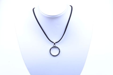 Kette Stoff mit Straß-Herz, schwarz, Ring, 25mm, Metall silberfarben, 40cm m. Verl.