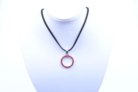 Kette Stoff mit Straß-Ring, rot, Ring, 25mm, Metall silberfarben, 40cm m. Verl.