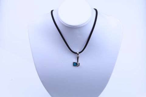 Kette Paua Axt m.Stoffband, blau, Metall silberfarben, 40cm