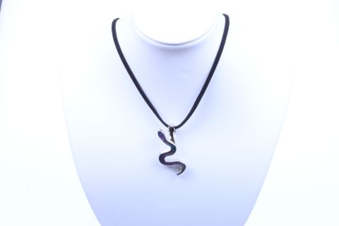 Kette Mood Schlange mit Stoffband, blau, 18x40mm, Metall silberfarben, 40cm m. Verl.