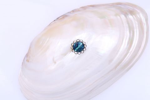 Brosche Paua ,blau silber,25mm