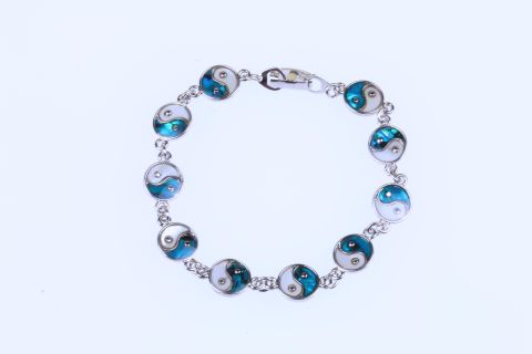 Armband Paua Ying Yang, weiß blau, Metallclip silberfarben, 19,5cm