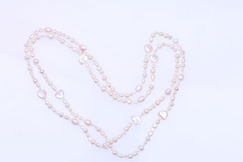 Kette  Süsswasser, weiss, Herz, Endlose, 120cm
