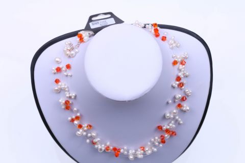 Kette Süsswasser, weiss orange, Perle und Glas auf Nylon 8fach, 5-8mm, Karabiner silberfarben, 40cm