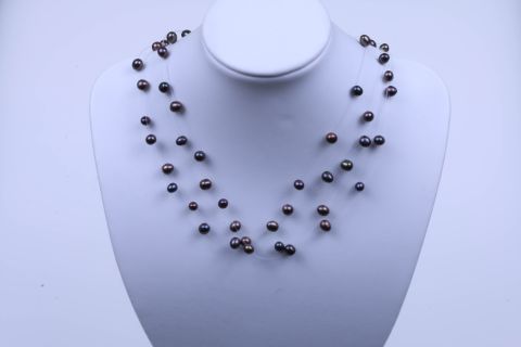 Kette Süsswasser, schwarz, Perle auf Nylon 4fach, 5mm, Karabiner silberfarben, 40cm