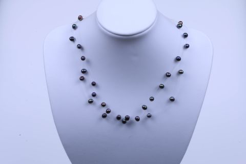 Kette Süsswasser, schwarz, Perle auf Nylon 3fach, 5mm, Karabiner silberfarben, 40cm