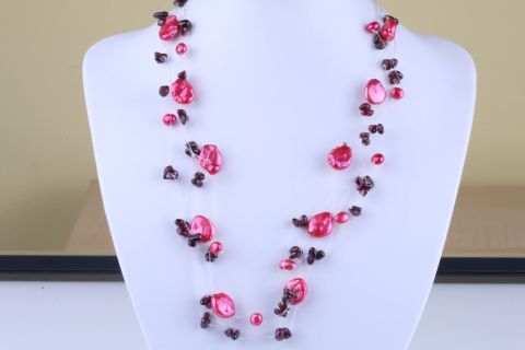 Kette Süsswasser, pink rubin, Perle und Stein auf Nylon 5fach, 5-10mm, Karabiner, silberfarben, 42cm