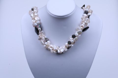 Kette geknotet Süsswasser, weiß schwarz, barock 3fach gedreht, 925 Silber, 43cm m.Verlängerung