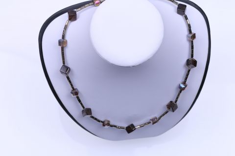 Kette hematite, Teecrystal,glas, Würfel , braun , Karabiner silberf. mit Verl., 43cm