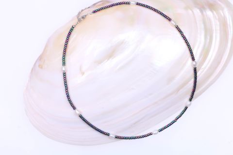 Kette Hematite,Süsswaer Perlen, regenbogen bunt, Rondell, 2x3mm, 43cm, Siberfarb. Karabiner mit Verl.