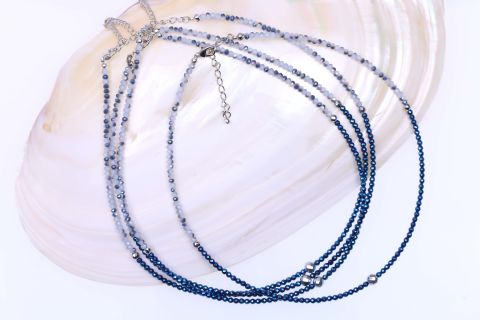 Kette Hematite,Glas,blau, Rondell,2x3mm,3 mm, 41cm, Siberfarb. Karabiner mit Verl.