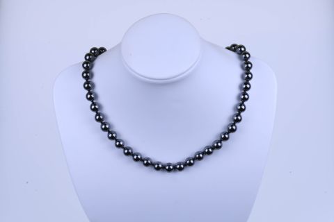 Kette geknotet Hematite, schwarz, Kugel, 8mm, Karabiner goldfarben, 37cm m.Verl.