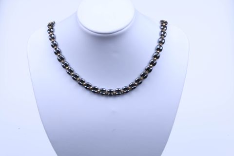 Kette Hematite, schwarz, Reiskorn 2fach m.Kugeln, 4x6mm, Karabiner goldfarben, 42cm m.Verlängerung