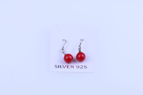 Ohrhänger Muschelkern, rot, Kugel, 8mm, 925 Silber,