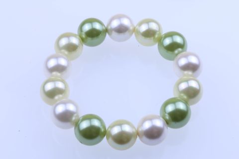 Armband Muschelkern, grün weiß lemon, Kugel, 14mm, 19cm