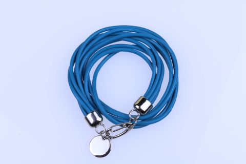 Armband Leder Wickel, blau hell, Metall silberfarben, 40cm
