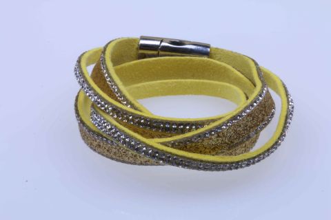 Armband Velour m.Straß, gelb, 2fach zum wickeln, Magnet silberfarben, 39cm
