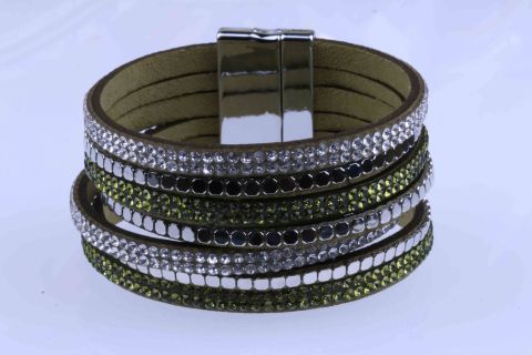 Armband Leder m.Straß, grün silber, 7fach, Magnet silberfarben, 19cm