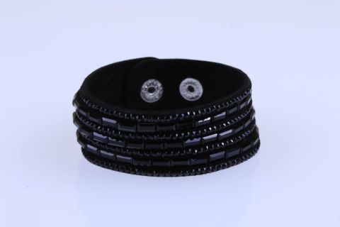 Armband Leder m.Straß 7fach, schwarz, Druckknopf silberfarben, 19,5cm
