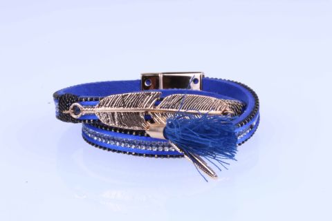 Armband Velour m.Feder u.Troddel, blau, Magnet goldfarben, 36,5cm