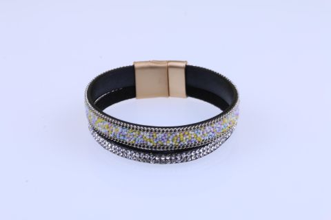 Armband Leder m. Straß, schwarz, bunt Magnetschließe goldfarben, 20cm