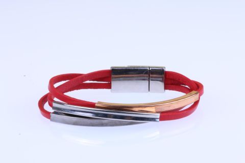 Armband Leder m.Metallschiene, rot, 3fach, Magnet silberfarben, 19,5cm
