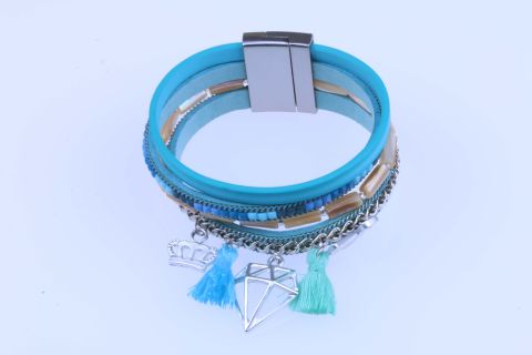 Armband Samt Leder m.Troddel u.Metall, blau hell, 4fach, Magnetschließe verzinkt, 19cm