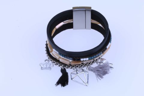 Armband Samt Leder m.Troddel u.Metall, schwarz, 4fach, Magnetschließe verzinkt, 19cm