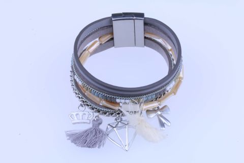 Armband Samt Leder m.Troddel u.Metall, grau, 4fach, Magnetschließe verzinkt, 19cm