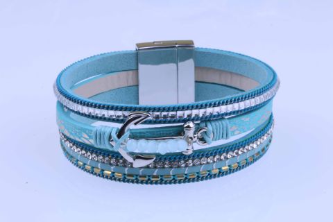 Armband Samt Leder m.Anker, blau hell, 3fach, Magnetschließe verzinkt, 19cm
