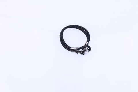 Armband doppelt Leder, schwarz, geflochten, Edelstahl, silberfarben, 19,5cm