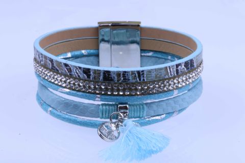 Armband Leder m.Troddel, blau hell, 5fach, Magnetschließe silberfarben, 20cm